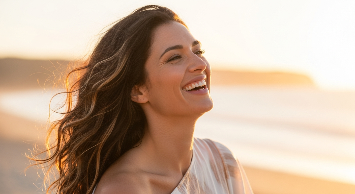 Radiant woman laughing freely on the beach at golden hour