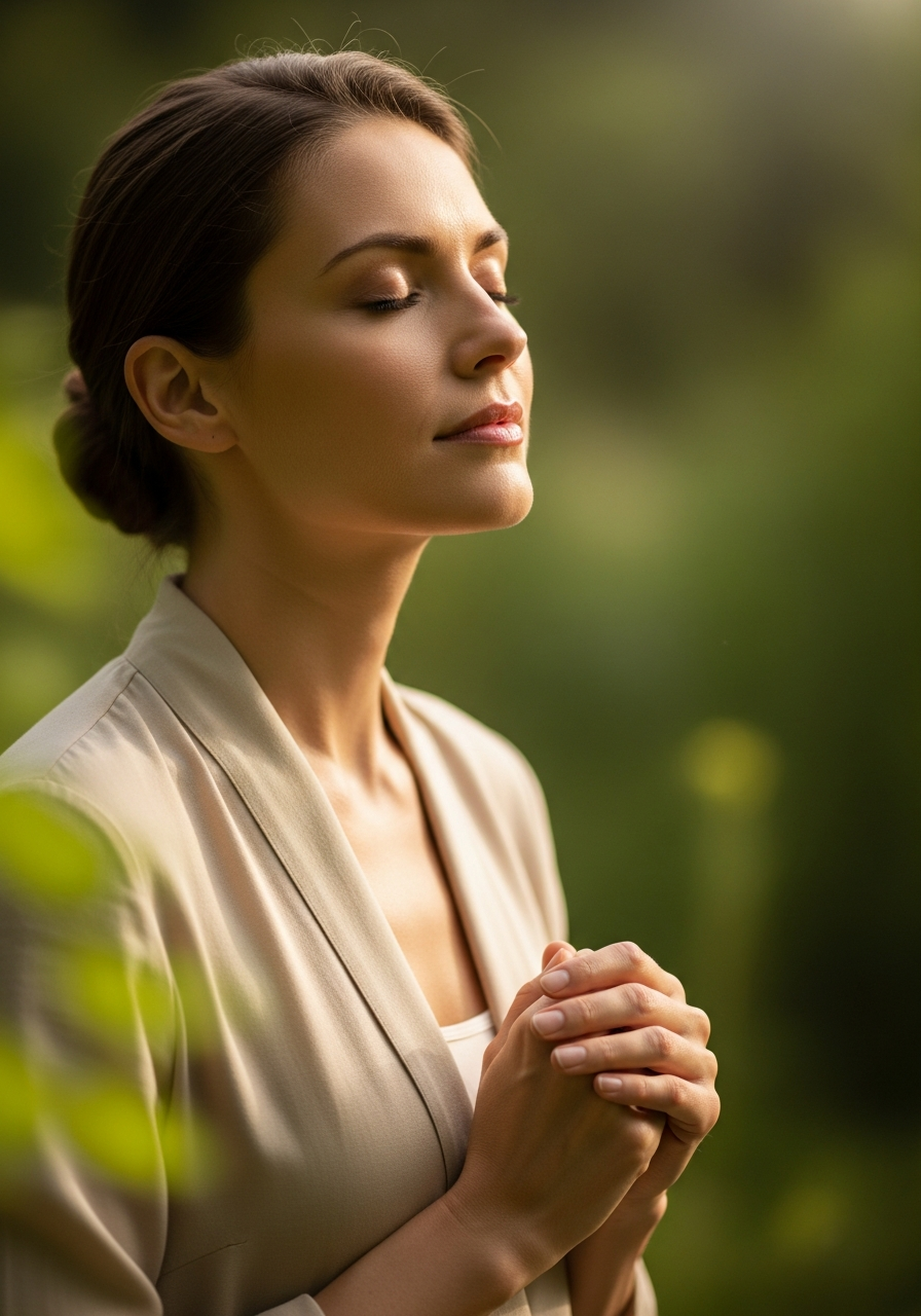 Serene woman in natural light, feeling peaceful and centered